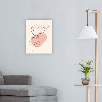 Beige Minimal Line Drawing Faces With Soft Blush Shapes Premium Canvas Wall Art,24 X 18 Inch,Home Decor For Living Room Bedroom