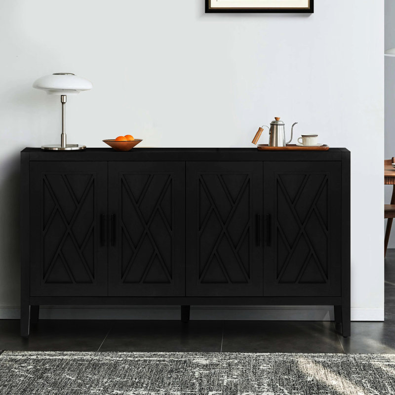 Modern Accent Cabinet With 4 Doors And Adjustable Shelf In Antique Black Hue Console Table Shelf, Wood Sideboard For Bedroom  Antique
