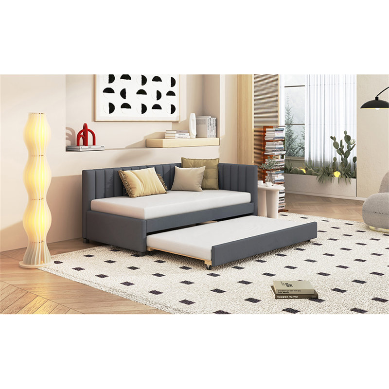 Upholstered Twin Daybed With Trundle, Gray, Twin