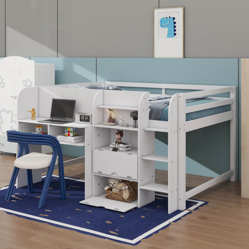 Lit mezzanine compact pleine grandeur avec bureau intégré, unités de rangement, tablettes ouvertes pour livres et tableau blanc pour des idées artistiques