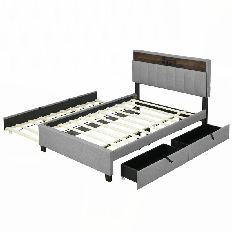 Lit plateforme tapissier double avec tête de lit