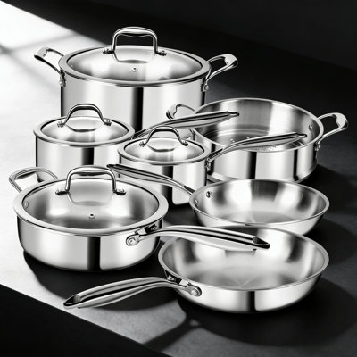 11-Piece Stainless Steel Cookware Set, 3-Ply Clad Professional Kitchen Pots And Pans Set With Lids, Induction Compatible, Oven & Dishwasher Safe, Non-Toxic Chef Quality Cookware