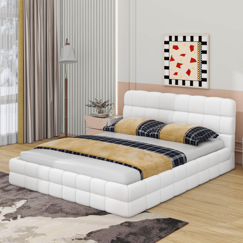 Queen Size Upholstered Platform Bed, White