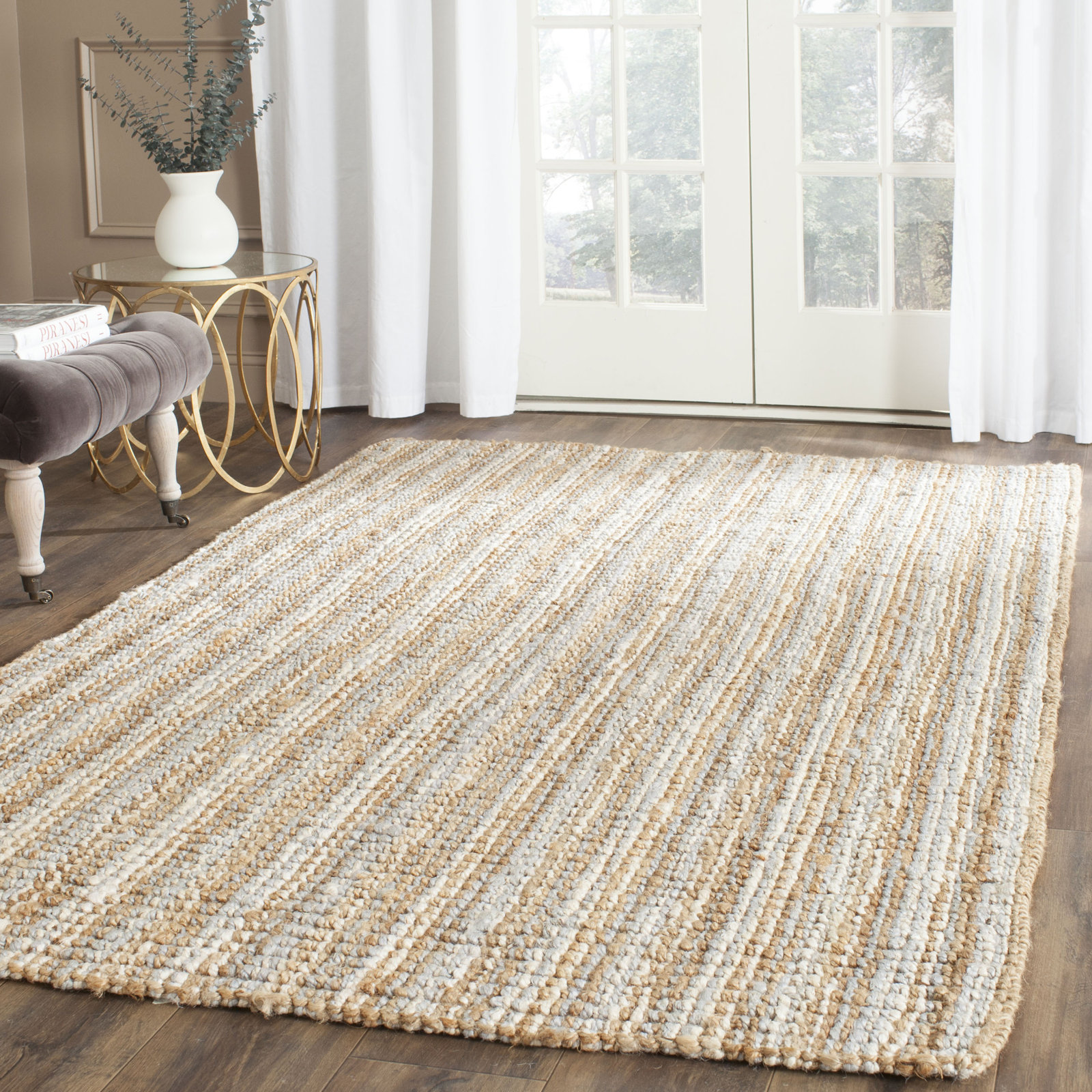 Alda Gray Natural Hand-Woven Striped Jute Rug, Rectangle 8' x 10'