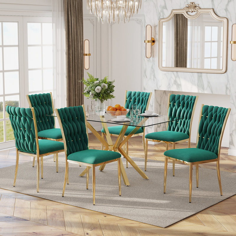 Table de salle à manger rectangulaire 47,24 "en verre trempé transparent avec chaises en velours 4/6, pieds en métal, moderne pour la cuisine, la salle à manger, le salon