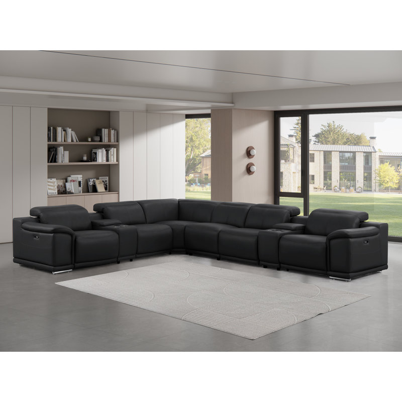 8-Piece L-Shaped Power Reclining Sectional In Genuine Leather – 4 Recliners, Black Top Grain Leather
