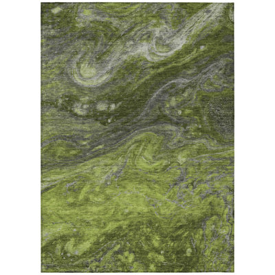 3' X 5' Green Olive Green And Lime Green Abstract Washable Indoor Outdoor Area Rug