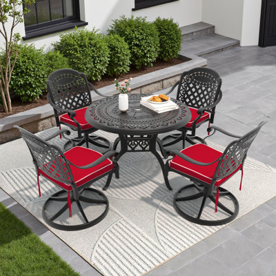 Black Cast Aluminum Modern Patio Set with Cushioned Swivel Chairs & Round Table for Balcony or Garden