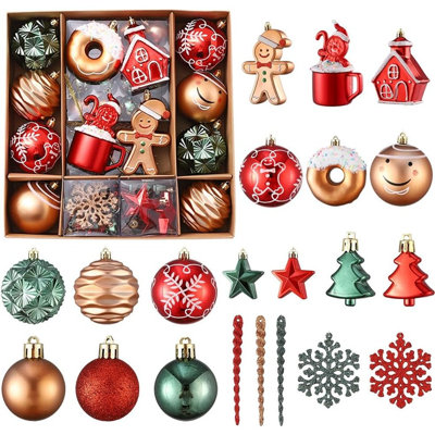 72-pc Christmas Ornaments Set – Red, Green & Gold Shatterproof Gingerbread, Snowflake & Donut Decorations For Xmas Tree, Indoor/outdoor Holiday, Vintage Home & New Year Party Décor
