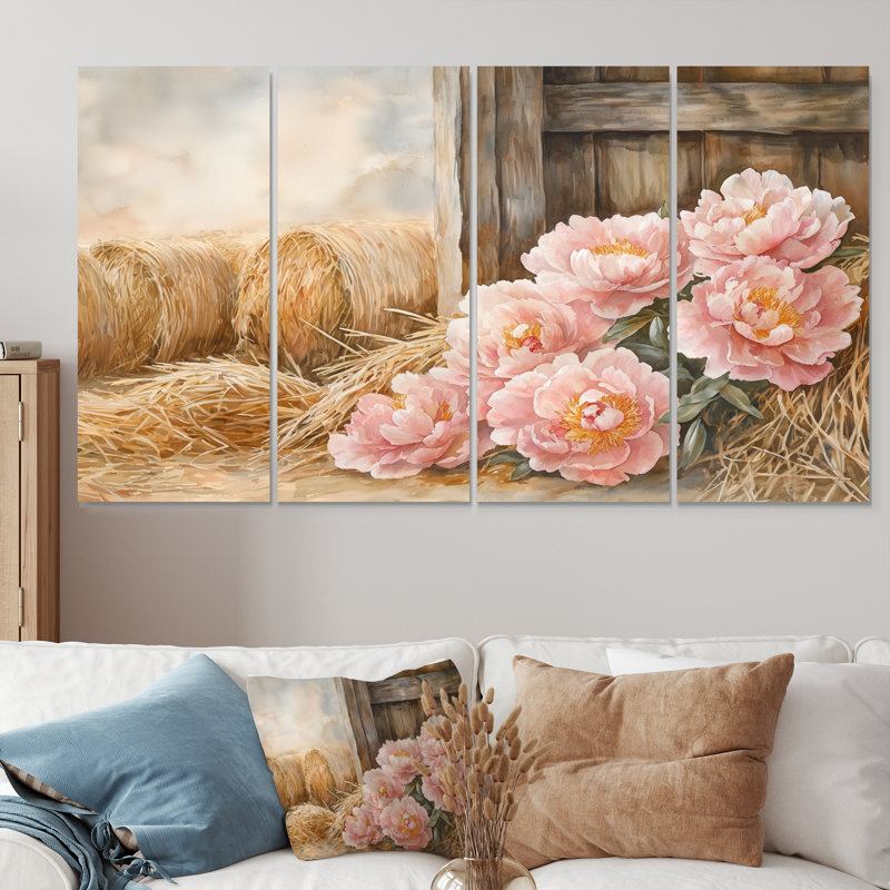 Fermes de pivoines dans la ferme Hayloft III - Art mural - Ensemble de décorations murales, 4, H 28 po x l 48 po