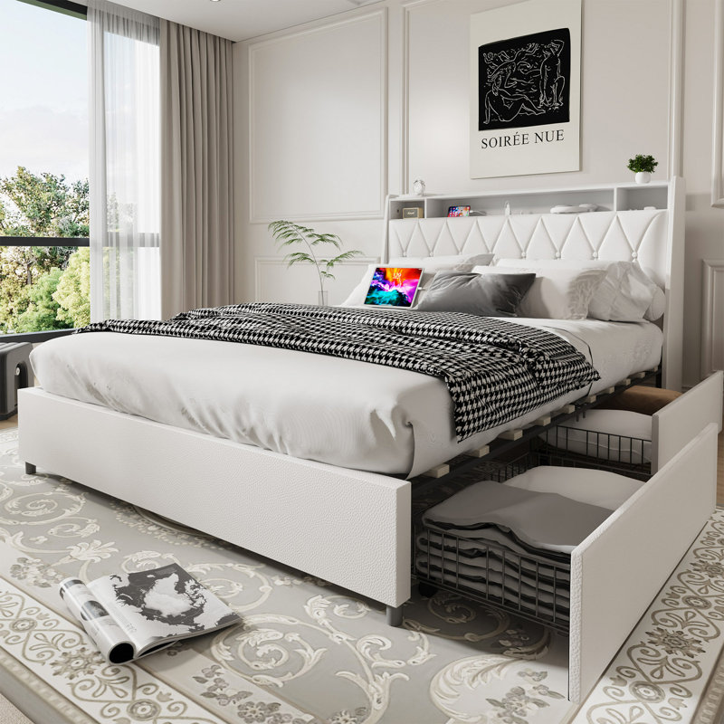 Cadre de lit avec tête de lit ergonomique, cadre de lit plateforme avec prises et chargeur, cadre de lit en métal avec tablette de rangement, silencieux, aucun sommier tapissier requis