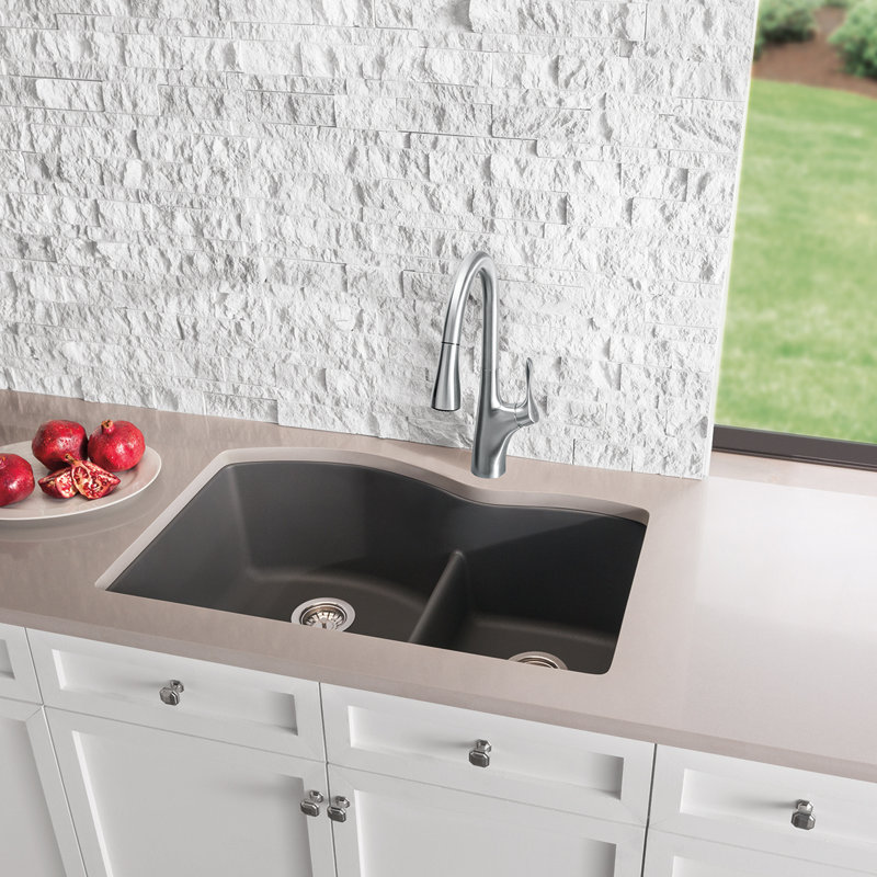 Évier de cuisine à double cuve en granite Diamond L 36 po x l 21 po avec crépine Diamond Silgranit, Cendre