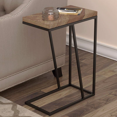 Table d'appoint rustique à motif de chevrons tabac et cadre noir sable
