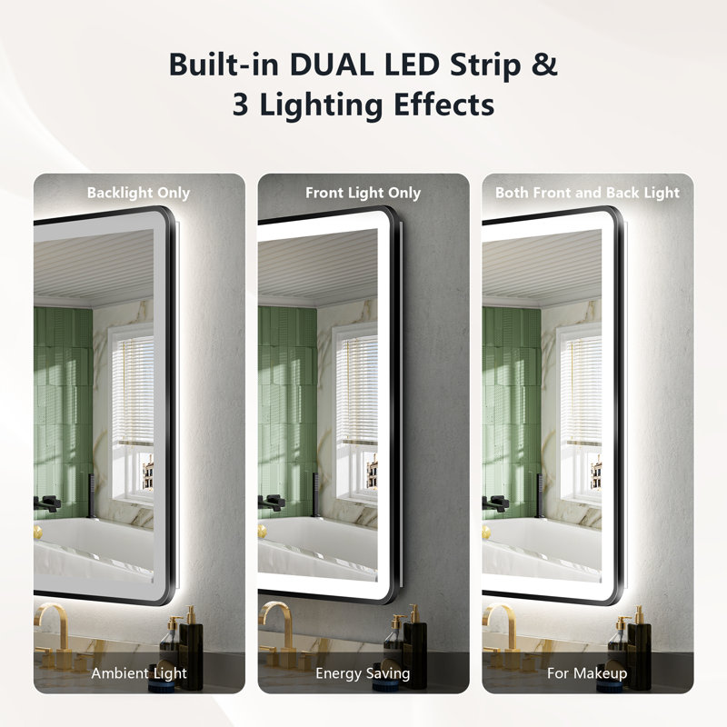Hyosvany Matte Black Matel Framed LED Vanity Mirror with Front-lit and Back-lit, Memory Function, 3 Color Temperatures, Dimmable Light & Anti-fog Tempered Glass Mirror