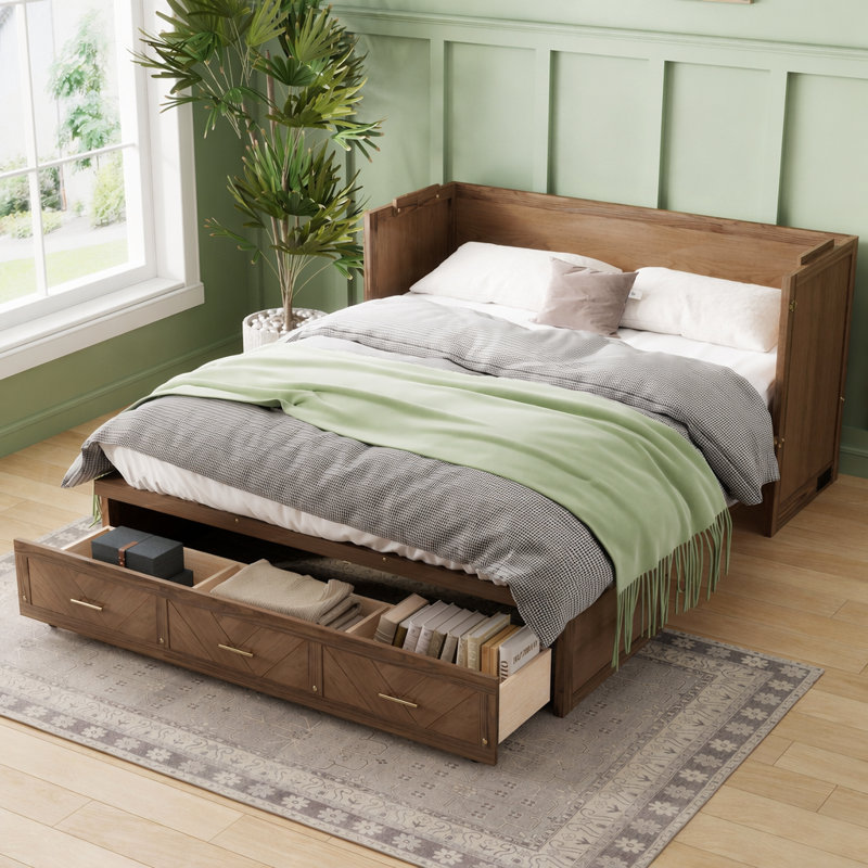 Lit escamotable, lit en bois avec station de charge USB intégrée, Brown