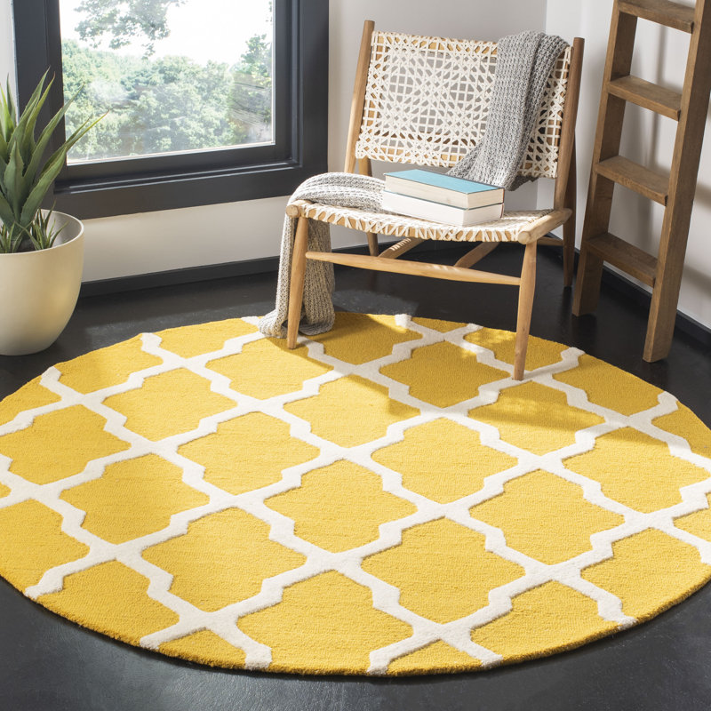 Cannen Hand Tufted Wool Geometric Rug, Round 6', Gold/Ivory