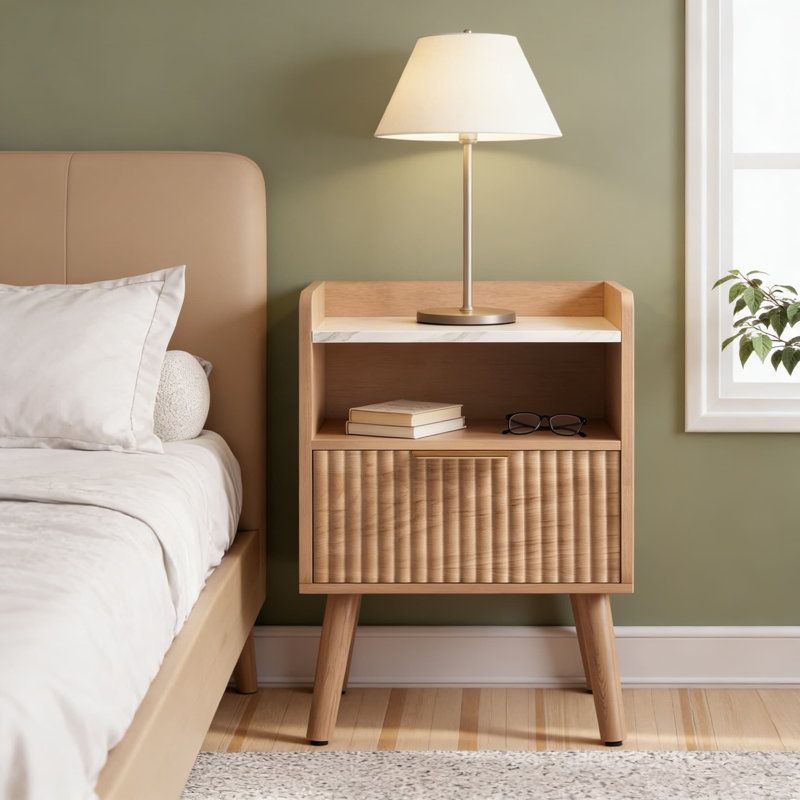 Table de chevet cannelée moderne avec station de charge, table de chevet avec tiroir et tablette ouverte, pieds réglables et plateau en faux marbre pour la chambre à coucher ou le salon