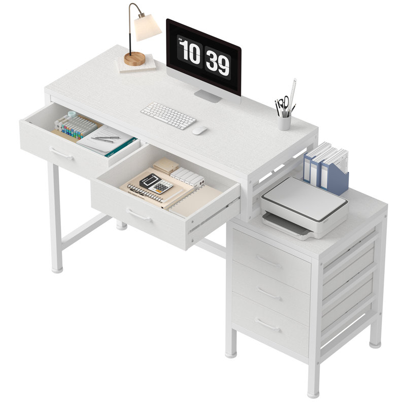51'' Computer Desk with 5 Drawers and Printer Stand, White