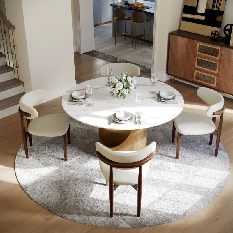 Modern 5/7 Pieces Dining Room Sets, Pre-Assembly Round Dining Table Sets, Sintered Stone Tabletop Kitchen Dining Table Set With Upholstered Chairs