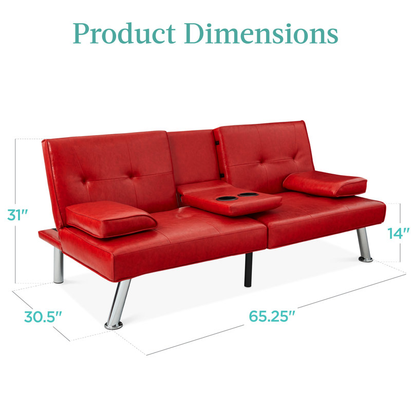 Owlex Modern Convertible Futon Sofa w/ Removable Armrests, 2 Cupholders, Light Red Faux Leather