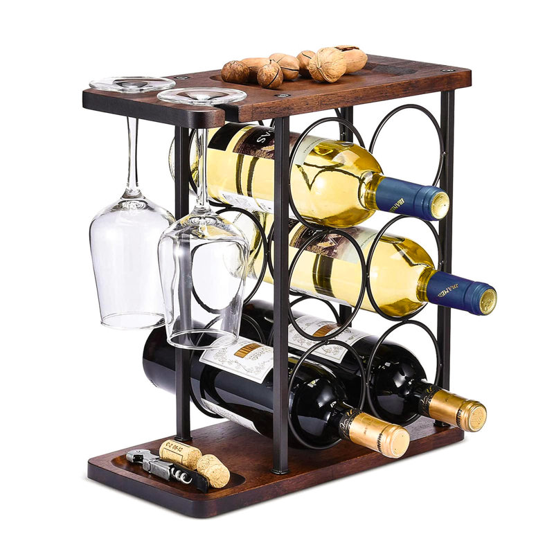 Collierville 6 Bottle Tabletop/Countertop Wine Bottle & Glass Rack in Brown