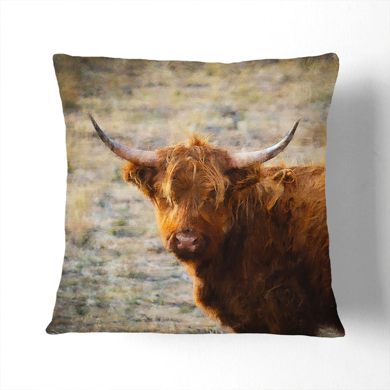 Highland Bull Cow Vol.2 Painting Square Throw Cushion, White, 40cm H x 40cm W x 15cm D