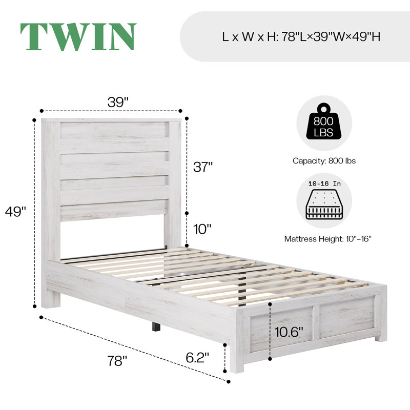 Louby 49" Farmhouse Twin Platform Bed, Distressed White, Distressed White, Twin