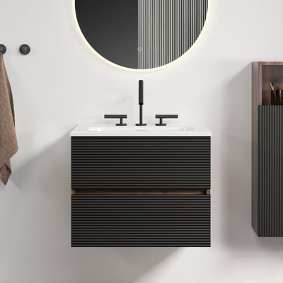 Gloria 24" Floating Bathroom Vanity - Soft Black & Walnut, Integrated Ceramic Sink With 3-Hole Faucet & Overflow, Dual Soft-Close Drawers, Wall Mounted For Small Space