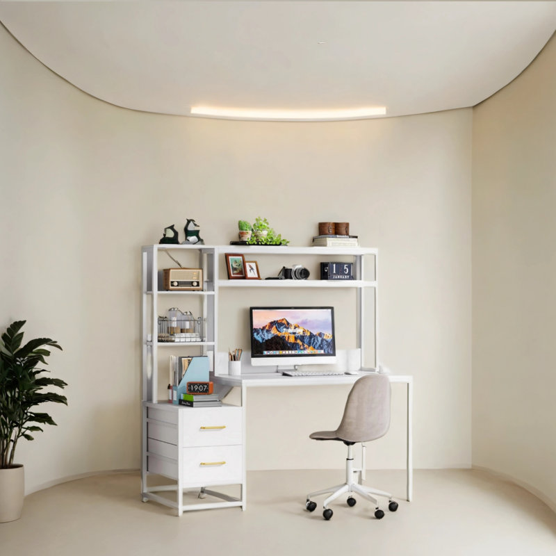 55-inch Grey Computer Desk, White/White