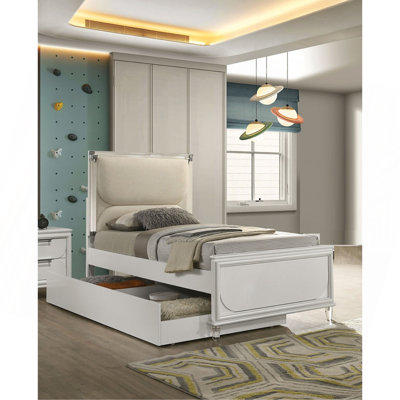Contemporary Glam Pearl White Upholstered  Bed W LED W Trundle Embossed Panel 1Pc Bedframe Bedroom Furniture