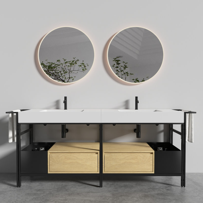 Meuble-lavabo de 72 pouces avec cadre en métal robuste, tiroir à fermeture en douceur et barre à serviettes réglable en pierre artificielle blanche, haute précision de fabrication, convenant à un décor moderne sans soudure