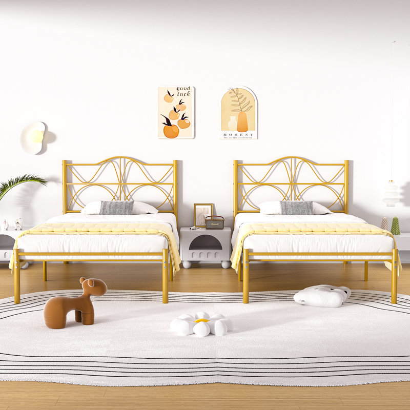 Chelby Set of 2 Twin Size Bed Frame Metal Platform Bed with Curved Design Headboard Strong Slats Support, Gold
