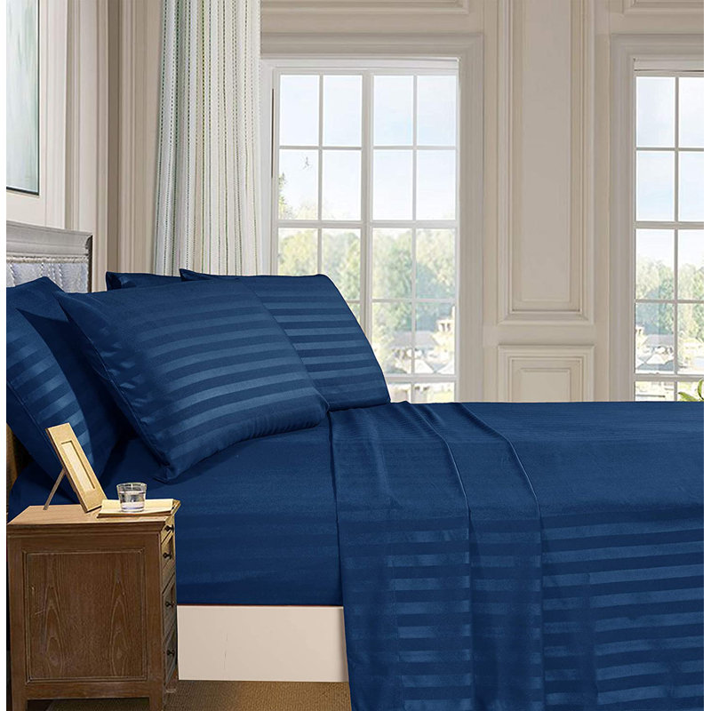Microfiber Percale Striped Sheet Set, King Sheet Set with 2 Pillowcases, Navy Blue