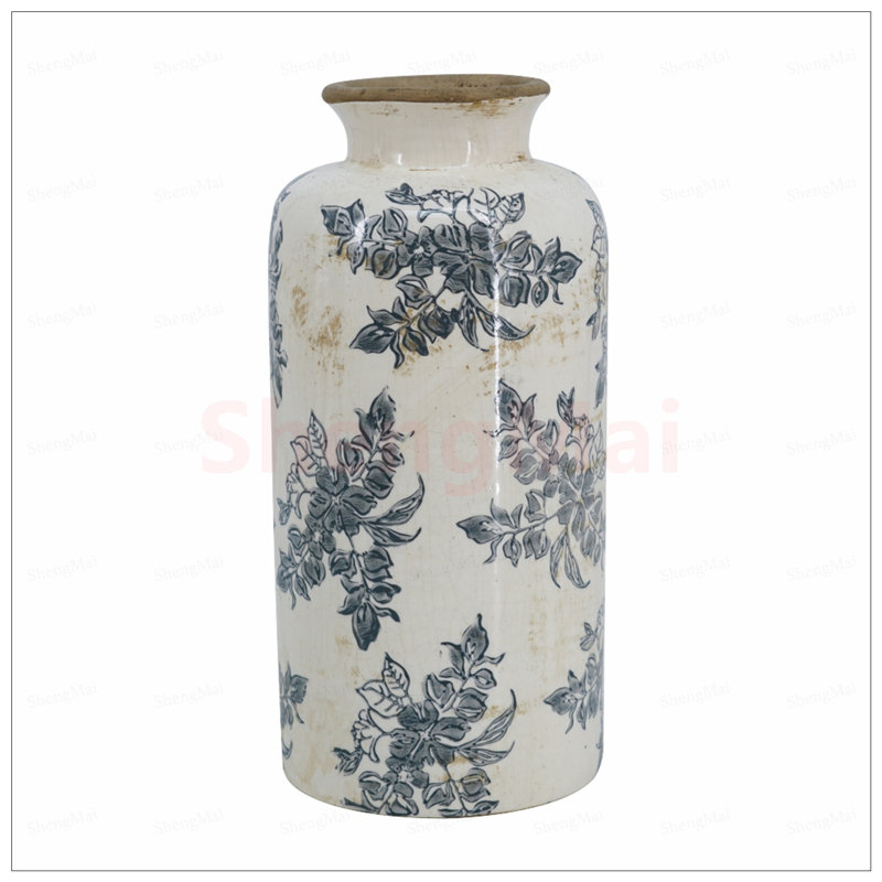 Vintage Inspired White Ceramic Vase with Black Floral Motif, Perfect for Farmhouse and Rustic Decor