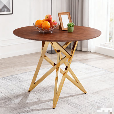 Table de salle à manger ronde de 37 pouces, petite table de cuisine ronde avec pieds en métal doré, convenant à 2 à 4 personnes, table de salle à manger moderne, brun, couleur noyer.