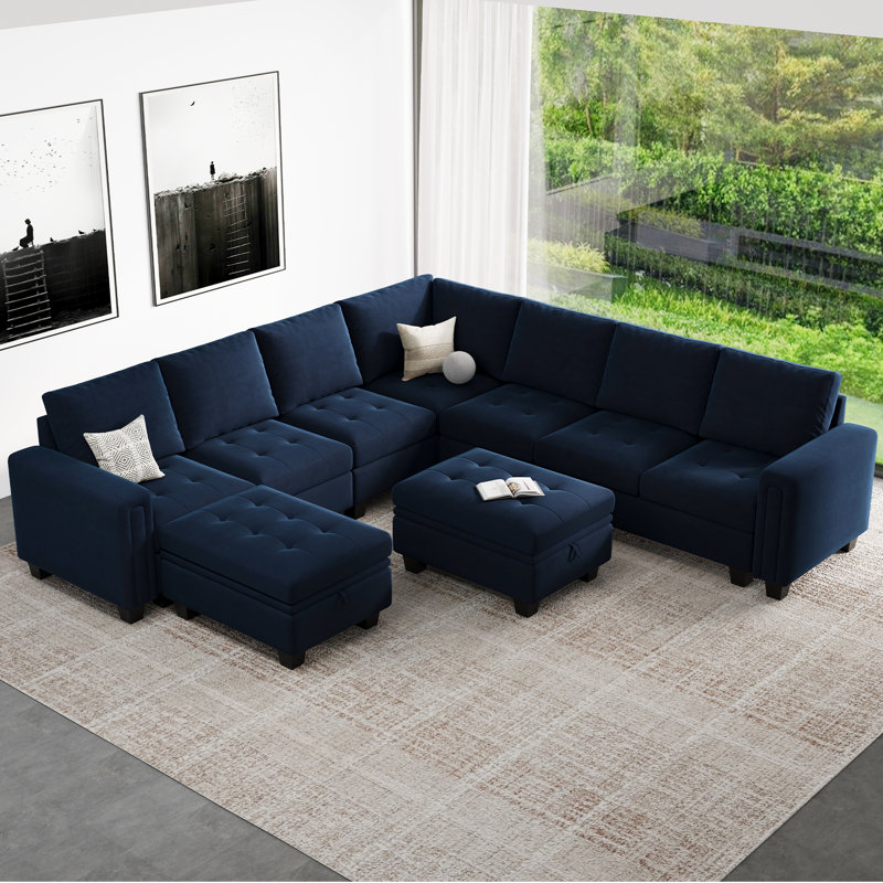 Shavera 8 - Piece Velvet Sectional Sofa Livingroom Coner Couch with 2 Storage Ottomans, Blue Velvet