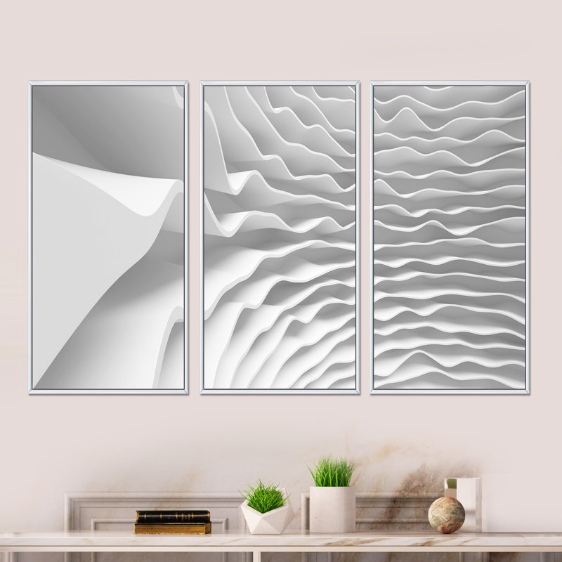 Fractal Curved White 3D Waves - 3 pièces, cadre flottant, impression sur toile, Cadre blanc, H 32 po x l 48 po x P 1 po