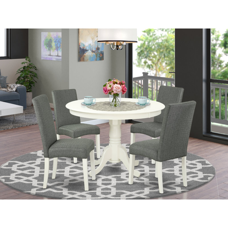 5 Piece Dinette Set for 4 Includes a Round Dining Room Table with Pedestal and 4 Gray Linen Fabric Parsons Dining Chairs, Linen White