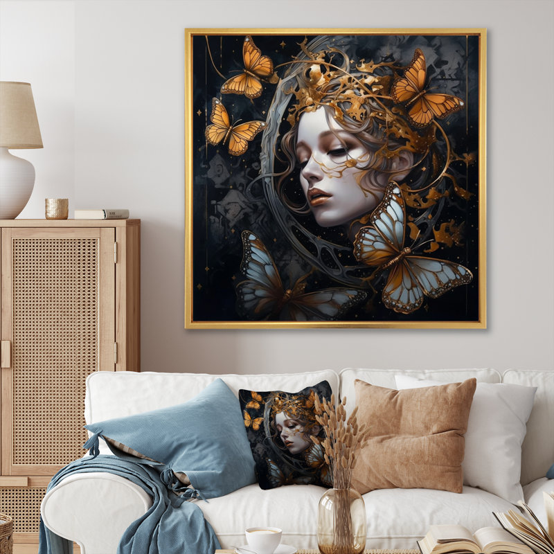 Femme, papillons dorés I - femme, impression d'art mural papillon, H 30 po x l 30 po x P 1 po, Cadre flottant doré