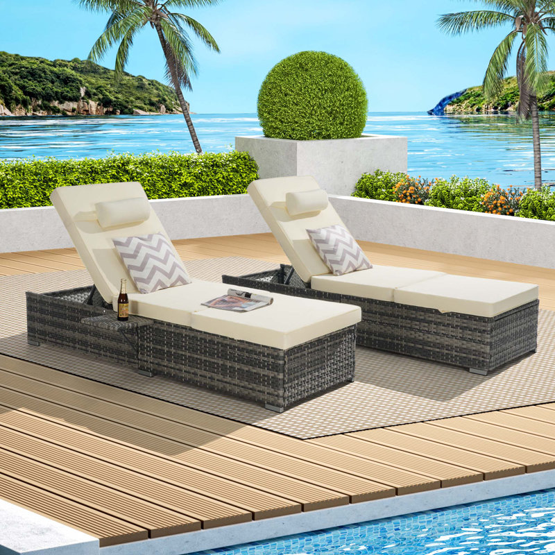 Outdoor Chaise Lounge Chair Set Of 2 With Patio Pool Chairs Tanning Lounges For Outside,Beach Rattan Recliners With Adjustable Backrest,Cushion For Poolside Backyard Garden