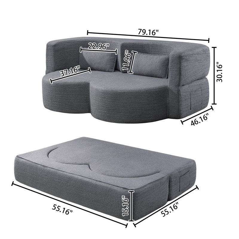79" Folding Convertible Sofa Bed, Light Grey Teddy Velvet Floor Sleeper Couch with Storage Pockets & Throw Pillows, No Assembly