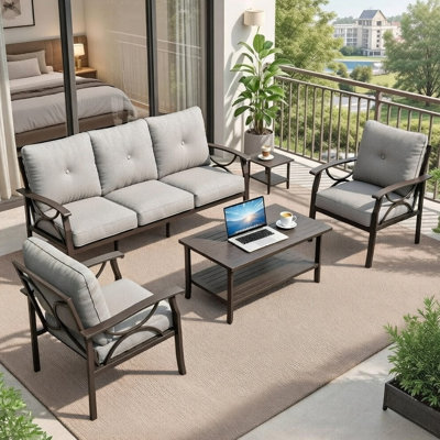 Ensemble de meubles de patio en métal 5 pièces, canapé de conversation toutes saisons à 5 places avec coussins gris épais de 4 pouces, structure kaki, table basse et table de bout pour le jardin de la véranda
