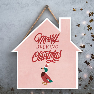Xmas Merry Ducking Christmas Wooden House Plaque