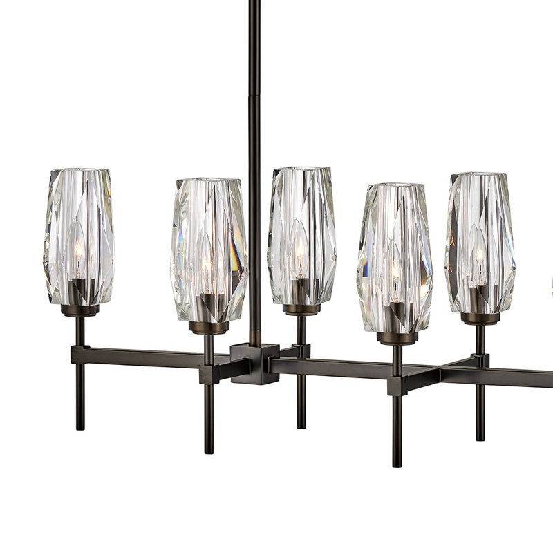 Ana 8-Light Linear Chandelier w/ Faceted Heavy-Cut Diamond-Shaped Crystal Shades - Black Oxide