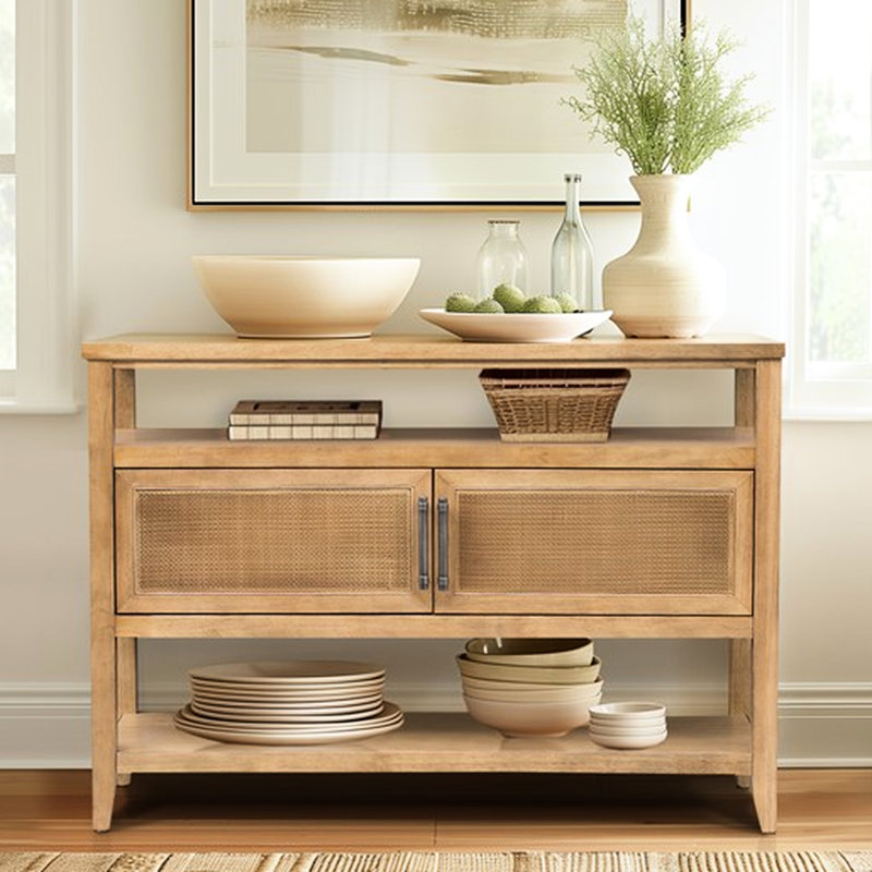 Console avec 2 portes en canne naturelle - rangement pour porte d'entrée d'aspect amande grillée