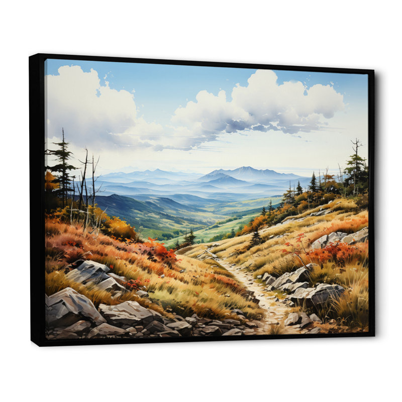 «Beige Blue Mountains Vista Vista», impression d'art mural, H 24 po x l 32 po x P 1 po, Cadre flottant noir