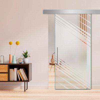 Porte de grange coulissante en verre sans cadre avec design moderne sablé et quincaillerie (semi-privée)