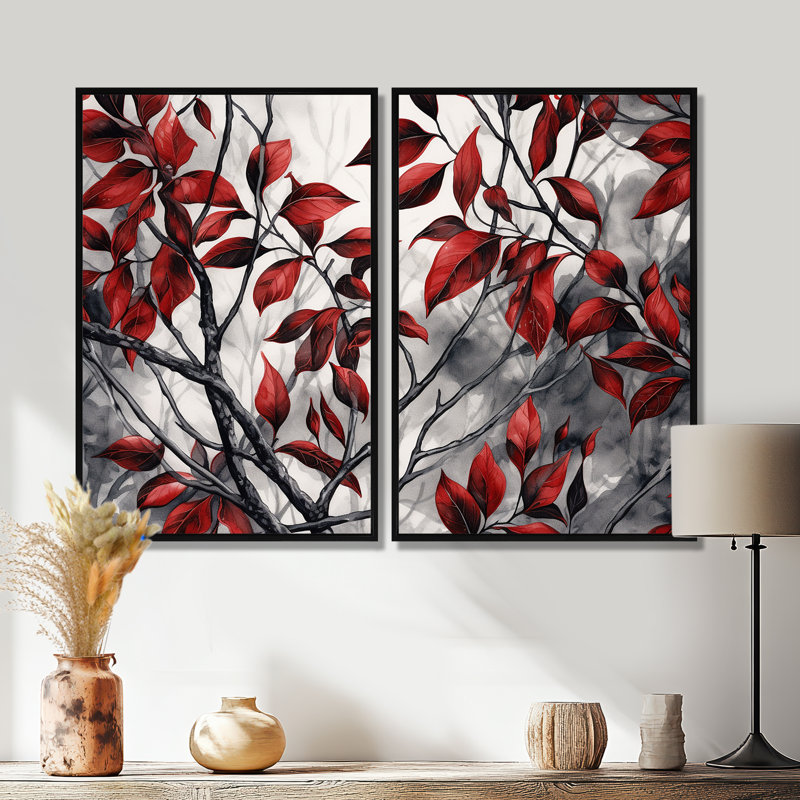 Feuilles rouges et grises sur un arbre VI - décoration murale rouge, Noir, H 36 po x l 48 po, Impression encadrée flottante