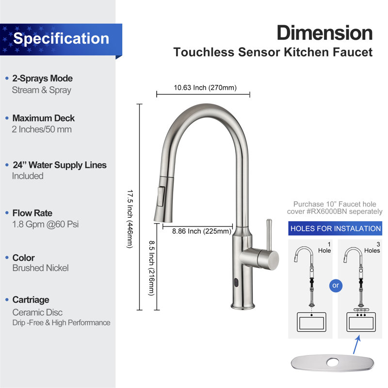 Rainlex Pull Down Touchless Kitchen Faucet, Brushed Nickel