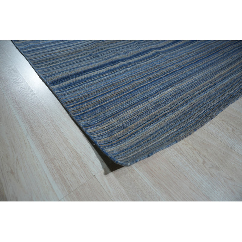 5x8 Blue Hand-Knotted Wool Horizon Stripe Geometric Modern Contemporary Carpet Rug